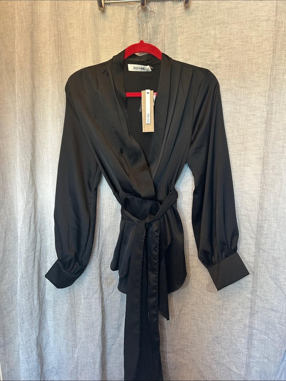 DO+BE Black Satin Wrap Blouse with Waist Tie